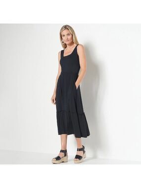 J Jason Wu Black Knit Smocked Waist Midi Dress Size Small Scoop Neck Sleeveless